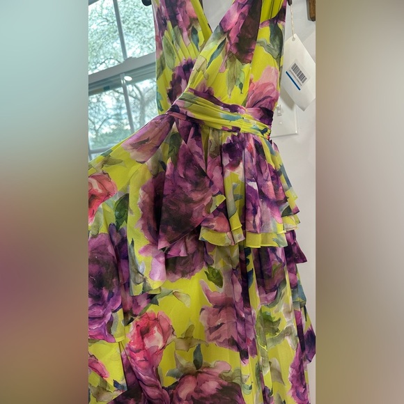 NWT Badgley Mischka Floral Ruffle V Neck Gown Purple Yellow Green 8 - Picture 9 of 16
